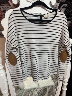 Sweet Wanderer Black & White Striped Long Sleeve Top with Tan Elbow Patches